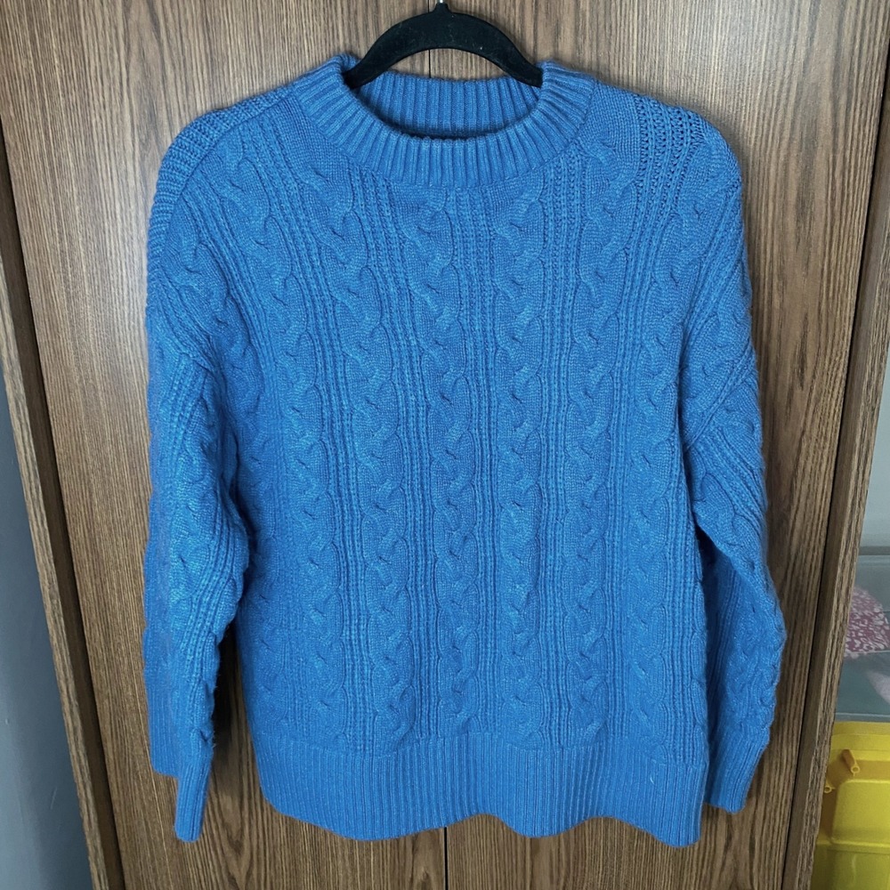 Fashion Cable Knit Sweater Women Small Blue Crew Neck Long Sleeve Pullover